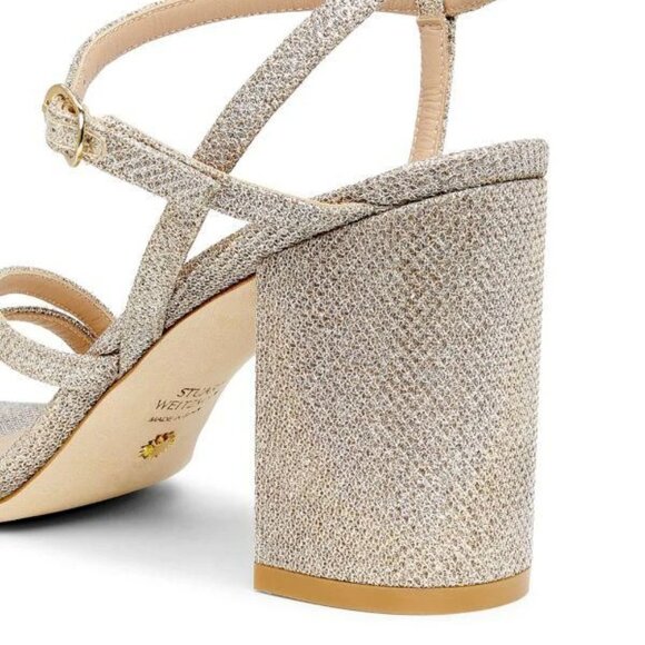 Stuart Weitzman Oasis 85MM New Noir Block-Heel Glitter Gold Sandals Size 6 - Picture 2 of 14